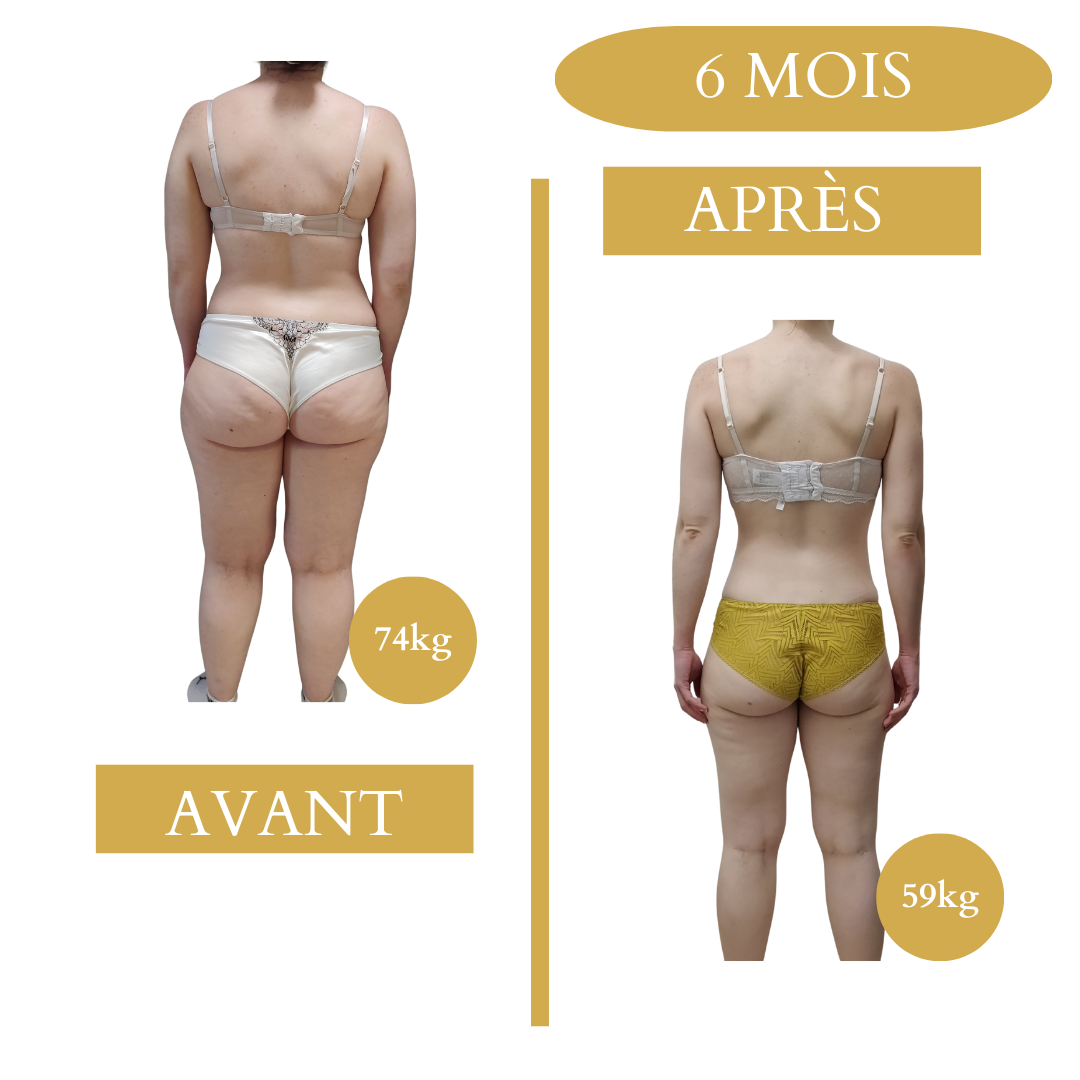 Transformation de Sarah, -5 kg en 6 mois, avant et après un coaching sans pression près de Bordeaux et Langon